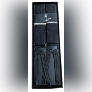 NEW Brooks Brothers Solid Black Fleece Suspenders Leather Silver Toned Adjuster